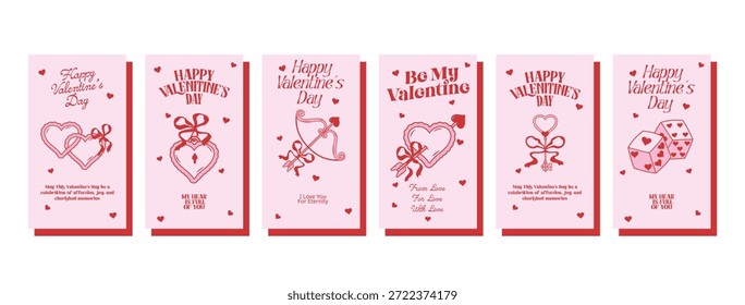 Paquete Concepto de tarjetas de San Valentín. Carteles minimalistas de Vector de moda con diseño de tipografía, corazón, cerezas, labios, piruleta para la fiesta de San Valentín, Anuncio, anuncios, marca, portada, venta, redes sociales.