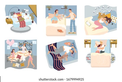 Conjunto de conceptos de personas que pasan tiempo en la habitación. La gente duerme profundamente, tiene insomnio, fiesta de sueño o pillowtalk, usa smartphone y sirve el desayuno en la cama. Ilustración de vectores de arte plano