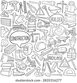 Bundle Construction Work Traditional Doodle Icons Sketch Hand Made Design Vector.	