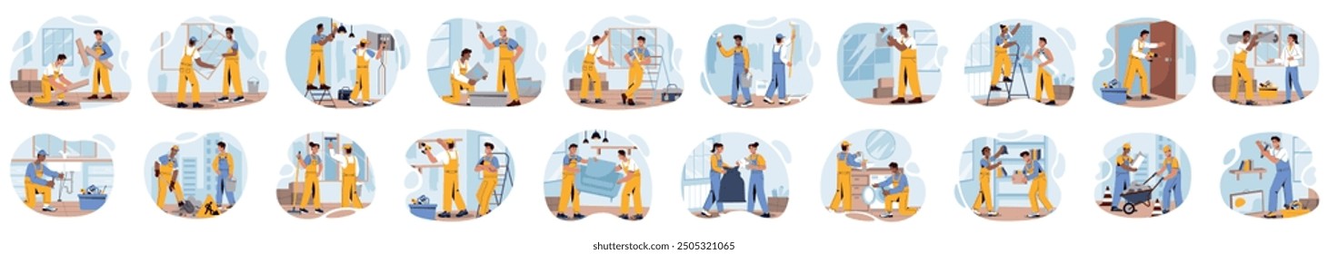 Bundle of construction works concepts with people scene in flat cartoon design. A huge collection of vivid illustrations depicting men and women doing construction work. Vector illustration.