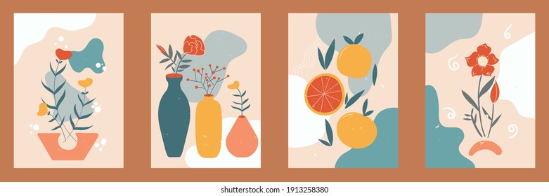 Combina el arte contemporáneo con el estilo abstracto en colores pastel para medios sociales, afiches, postales, impresos. Jarrón dibujado a mano, hojas, flores, frutas, naranjas