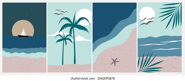 Bundle contemporary art, Abstract style in pastel colors for social media, posters, postcards, print, Hand drawn beach, ocean, ship, moon, sun, palm leaves, bird landscape