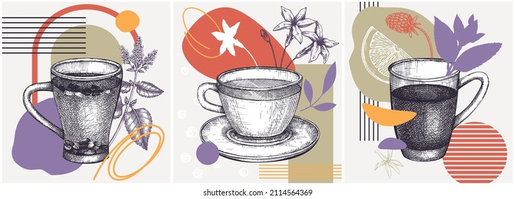 Bundle contemporary art. Abstract style tea collage. For social media, posters, postcards, prints, wall art. Trendy design with hand-sketched teacups, leaves, flowers, fruits, and abstract shapes.