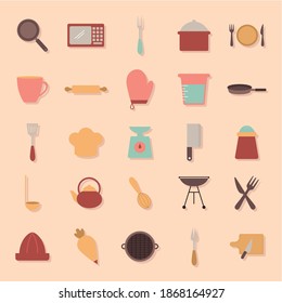bundle of cooking icons on a orange background vector illustration design