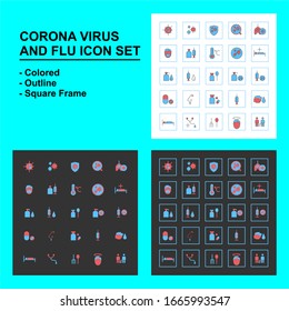 Bundle of Corona virus and influenza icon set. Outline style, glyph style.  Virus, corona, lung, wash, hand, bottle, tablet, vaccine, bed, rest, anti-virus, spread, Flu, fever,cold. editable icon.