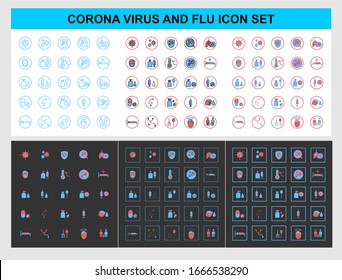 Bundle of Corona virus and influenza icon set. Outline style, glyph style.  Virus, corona, lung, wash, hand, bottle, tablet, vaccine, bed, rest, anti-virus, spread, Flu, fever,cold. editable icon.