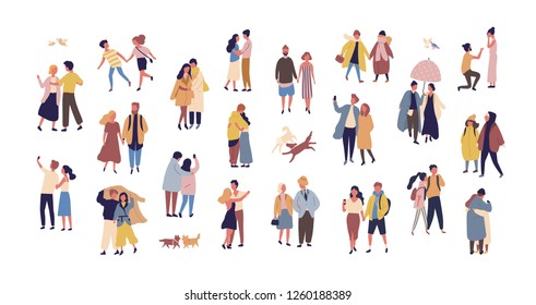 Bundle of couples dressed in seasonal clothes walking on street. Collection of men and women in love during romantic date isolated on white background. Flat cartoon colorful vector illustration.