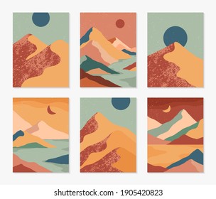 Bundle of creative abstract mountain landscapes,mountain range,desert dunes backgrounds.Mid century modern vector illustrations with hand drawn mountains,sea or lake,sky,sun and moon.Trendy design.