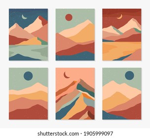 Bundle of creative abstract mountain landscapes,mountain range,desert dunes backgrounds.Mid century modern vector illustrations with hand drawn mountains,sea or lake,sky,sun and moon.Trendy design.