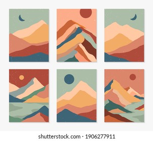 Bundle of creative abstract mountain landscapes,mountain range,desert dunes backgrounds.Mid century modern vector illustrations with hand drawn mountains,sea or lake,sky,sun and moon.Trendy design.