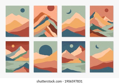 Bundle Of Creative Abstract Mountain Landscapes,mountain Range,desert Dunes Backgrounds.Mid Century Modern Vector Illustrations With Hand Drawn Mountains,sea Or Lake,sky,sun And Moon.Trendy Design.