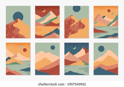 Bundle of creative abstract mountain landscapes,mountain range,desert dunes backgrounds.Mid century modern vector illustrations with hand drawn mountains,sea or lake,sky,sun and moon.Trendy design.