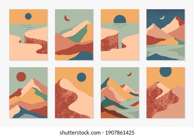 Bundle of creative abstract mountain landscapes,mountain range,desert dunes,cliffed coast backgrounds.Modern vector illustrations with hand drawn mountains,sea or lake,sky,sun and moon.Trendy design.