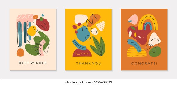 Bundle of creative universal artistic cards.Modern vector illustrations with hand drawn organic shapes and textures.Trendy contemporary design for prints,flyers,banners,brochures,invitations,covers.