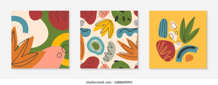 Bundle of creative universal cards and pattern.Modern vector illustrations with hand drawn organic shapes and textures.Trendy contemporary design for prints,flyers,banners,brochures,invitations,covers