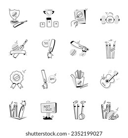 Bundle of Cricket Accessories Doodle Icons 

