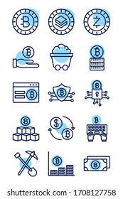 conjunto de iconos de moneda criptográfica estilo de línea ilustración vectorial