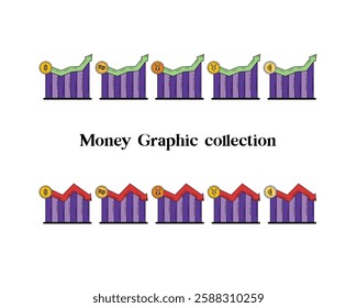 Bundle of currency chart. Chart collection of currency like dollar, rupiah, yen, yuan, euro with up and down arrows on white background. Colorful vector illustration in flat style