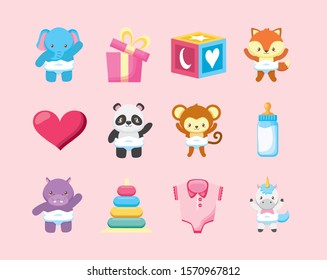 bundle of cute animals and baby toys vector illustration design