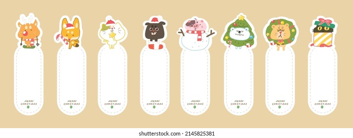 Bundle of cute animals in Christmas theme bookmark for children isolated on cream color background. Blank template for message. Christmas cartoon. Flat vector illustration character.