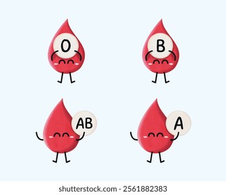Bundle of cute blood type character. Collection of cute blood character holding blood type nameplate on hand drawn style