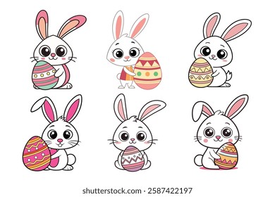 A Bundle of Cute Bunny holding an egg vector cartoon illustration Easter day