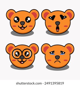 bundle of cute cartoon bear faces, mascot icons, emoji sticker designs. Teddy bear smiles, sad, wears glasses, face full of love, vector simple illustration