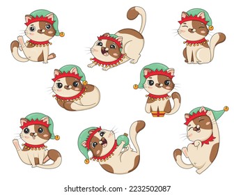 Bundle of cute cartoon cat in christmas elf costume in different poses is played isolated on white background
