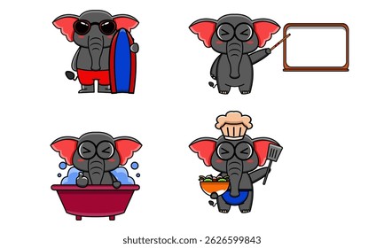 Bundle of Cute Cartoon Elephant Characters in Various Poses and Activities, Including Beach, Education, Bath, and Cooking Themes, a Versatile Graphic Set for Children's Designs and More