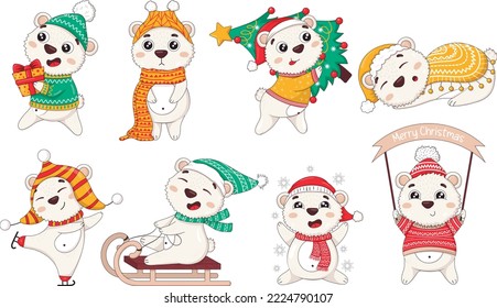 Montón de bonitos dibujos animados osos polares de año nuevo vestidos de invierno con árbol de navidad, patinando, durmiendo, atrapando copos de nieve, cargando regalos, durmiendo,