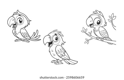 Bundle Cute Cartoon Parrot Coloring Page for Kids Simple Black and White Outline Illustration.
