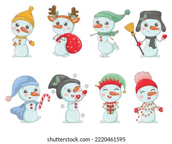 Bundle of cute cartoon snowmen in knitted hats and scarves with Christmas gifts, snowflakes, holly, dressed as New Year characters