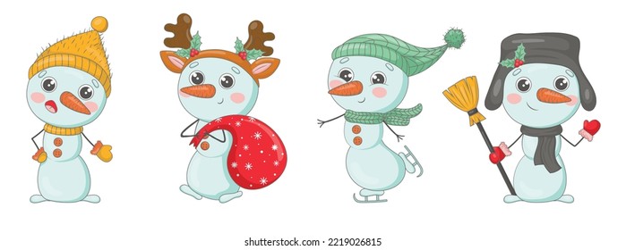 Bundle of cute cartoon snowmens in knitted hats and scarves with Christmas gifts, snowflakes, holly, dressed as New Year characters