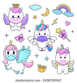 Bundle with cute cartoon unicorn and pony. isolated vector illustrations for childish print, birthday design, invitation, baby shower card, stickers. Clip arts on white background. Magical elements.