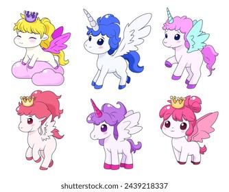 Bundle with cute cartoon unicorn and pony. isolated vector illustrations for childish print, birthday design, invitation, baby shower card, stickers. Clip arts on white background. Magical creatures.