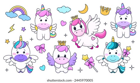 Bundle with cute cartoon unicorn and pony. isolated vector illustrations for childish print, birthday design, invitation, baby shower card, stickers. Clip arts on white background. Magical elements.