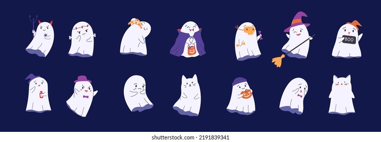 Bundle of cute childish Halloween ghosts. Different spooky boo characters with different emotions and Halloween costumes. ghost character. Childish flat vector illustration