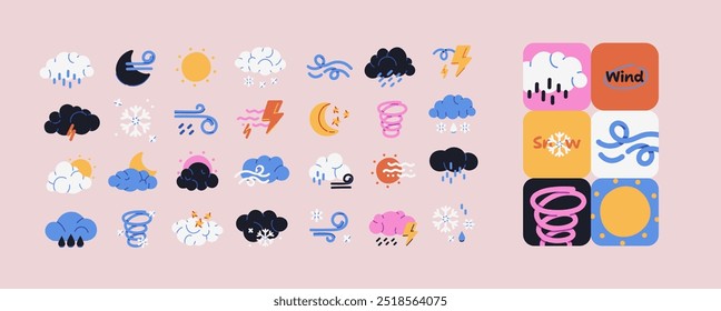 Bundle of cute, colorful weather icons perfect for forecasts. Includes sunny, rainy, cloudy, and snowy designs, ideal for apps, websites, or presentations. Add charm to your weather displays