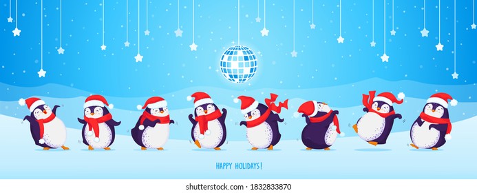 Un conjunto de pingüinos adorables bailando con sombreros navideños y pañuelos rojos. Fondo festivo con bola de disco, copos de nieve, estrellas y montañas. Ilustración dibujada a mano por vectores. Genial para los carteles.