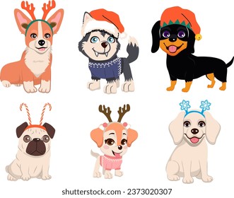 Bundle of cute dogs of different breeds wearing Christmas headbands and hats vector illustration. Set of festive cartoon domestic animals isolated on white background