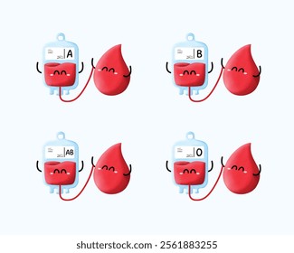 Bundle of cute donating blood character. Collection of cute blood character donating blood for each blood type on hand drawn style