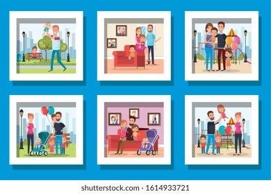 bundle of cute family in different places vector illustration design