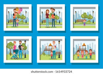 bundle of cute family in different places vector illustration design