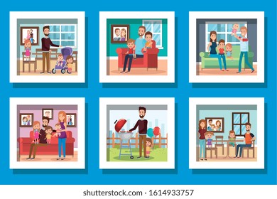 bundle of cute family in different places vector illustration design