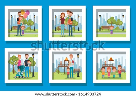 bundle of cute family in different places vector illustration design