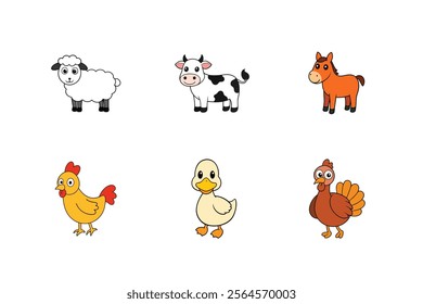 Bundle of Cute Farm Animal Illustrations for Kids-Sheep,Cow,Horse,Chicken,Duck,Turkey