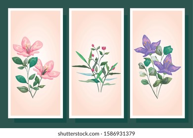 bundle cute flowers with branch and leafs vector illustration design