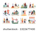 Bundle of cute funny active elderly couples isolated on white background. Collection of recreational and healthy sports activities for grandmother and grandfather. Flat cartoon vector illustration.