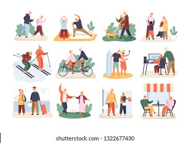 Bundle of cute funny active elderly couples isolated on white background. Collection of recreational and healthy sports activities for grandmother and grandfather. Flat cartoon vector illustration. - Shutterstock ID 1322677430