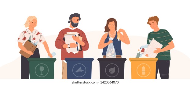 Bundle of cute funny people putting rubbish in trash bins, dumpsters or containers. Set of happy men and women practicing garbage collection, sorting and recycling. Flat cartoon vector illustration.